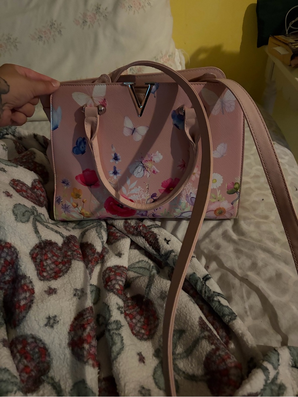 Pink Floral Purse with Butterfly Print